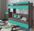 Кровать двухъярусная с диваном "Лаворо" (Анкор тёмный/Аква/Рогожка Savana Latte (AT)) D