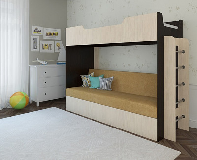 Кровать двухъярусная с диваном "Ричи" (Венге/Бел.дуб/Флок №21 песочный) EsandwichK-11 - 1