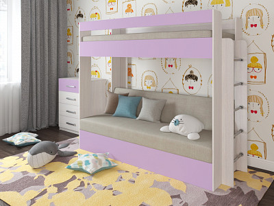 Кровать двухъярусная с диваном "Лаворо" (Анкор белый/Ирис/Велюр Vital Ivory (AT)) D - 1
