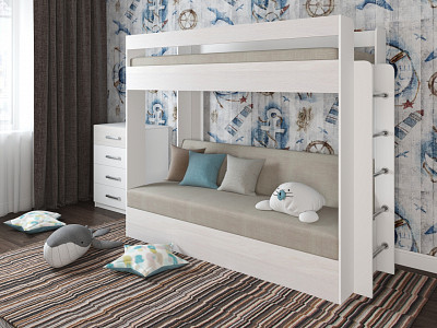 Кровать двухъярусная с диваном "Лаворо" (Белый/Анкор белый/Велюр Vital Ivory (AT)) D - 1