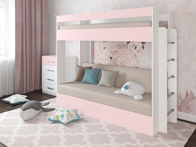 Кровать двухъярусная с диваном "Лаворо" (Белый/Розовый кварц/Рогожка Savana Plus Ivory (AT)) D - 1