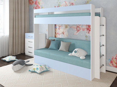 Кровать двухъярусная с диваном "Лаворо" (Белый/Серенити/Велюр Vital Blue (AT)) D - 1