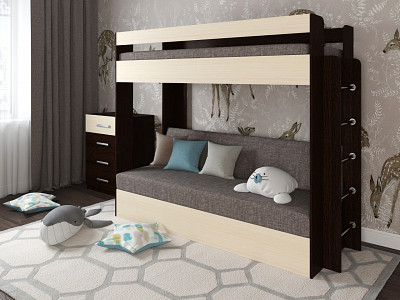 Кровать двухъярусная с диваном "Лаворо" (Венге/Выбеленный Дуб/Рогожка Savana Latte (AT)) D - 1