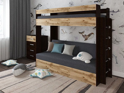 Кровать двухъярусная с диваном "Лаворо" (Венге/Дуб вотан/Рогожка Savana Grey (AT)) D - 1