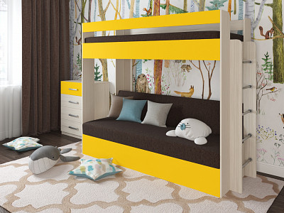 Кровать двухъярусная с диваном "Лаворо" (Сосна астрид/Желтый/Рогожка Bahama Vision (AT)) D - 1