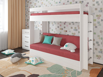Кровать двухъярусная с диваном "Лаворо" (Белый/Анкор белый/Велюр Shaggy Mauve (AT)) D - 1