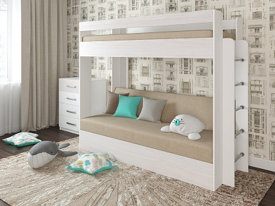 Кровать двухъярусная с диваном "Лаворо" (Белый/Анкор белый/Велюр Vital Sand (AT)) D - 1