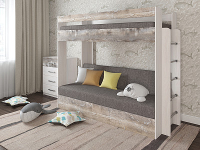 Кровать двухъярусная с диваном "Лаворо" (Анкор белый/Бетон пайн экзотик/Рогожка Savana Latte (AT)) D - 1