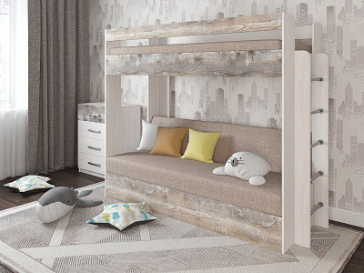 Кровать двухъярусная с диваном "Лаворо" (Анкор белый/Бетон пайн экзотик/Рогожка Savana Plus Mocca (AT)) D - 1