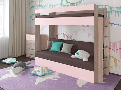 Кровать двухъярусная с диваном "Лаворо" (Анкор светлый/Розовый кварц/Велюр Vital Java (AT)) D - 1