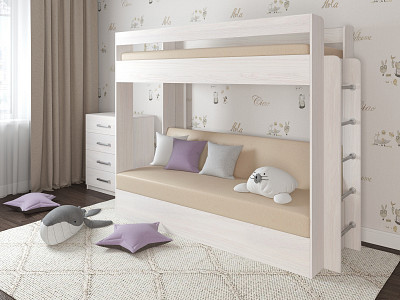 Кровать двухъярусная с диваном "Лаворо" (Анкор белый/Иск. кожа Mercury Cream 225 (AT)) D - 1