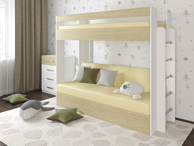 Кровать двухъярусная с диваном "Лаворо" (Белый/Пикард/Иск. кожа Sunny Milk 005 (AT)) D - 1