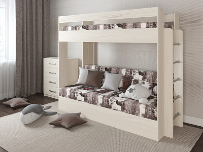 Кровать двухъярусная с диваном "Лаворо" (Сосна астрид/Принт Amsterdam Sepia S (AT)) D - 1