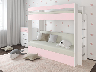 Кровать двухъярусная с диваном "Лаворо" (Белый/Розовый кварц/Рогожка Bahama Plus Bone (AT)) D - 1