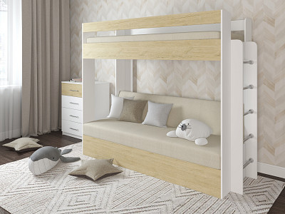 Кровать двухъярусная с диваном "Лаворо" (Белый/Пикард/Рогожка Bahama Plus Sand (AT)) D - 1