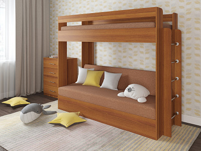 Кровать двухъярусная с диваном "Лаворо" (Орех таволато/Рогожка Bahama Hazel (AT)) D - 1