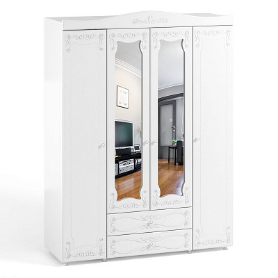 Шкаф 4х дверн. (560) с ящ. duble "Римини"(МДФ)(Белый/Белое дерево/Зеркало)/Vs/ИТ-63 - 1