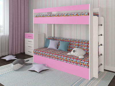 Кровать двухъярусная с диваном "Лаворо" (Анкор белый/Пинк/Принт Strunk 3 (Bt)) D - 1