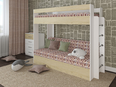 Кровать двухъярусная с диваном "Лаворо" (Белый/Пикард/Принт Strunk 4 (Bt)) D - 1