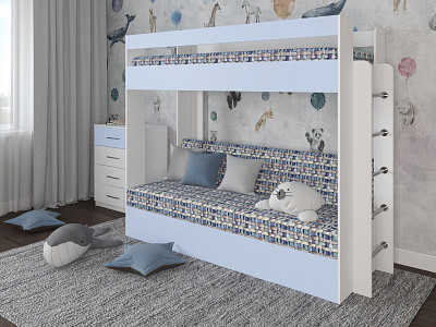 Кровать двухъярусная с диваном "Лаворо" (Белый/Серенити/Принт Strunk 1 (Bt)) D - 1