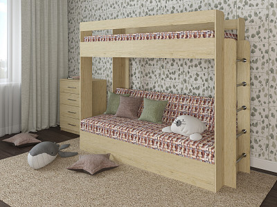 Кровать двухъярусная с диваном "Лаворо" (Пикард/Принт Strunk 4 (Bt)) D - 1