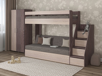 Кровать двухъярусная с диваном и лестницей-комодом "Лаворо" (Анкор тёмный/Анкор светлый/Рогожка Savana Latte (AT)) D_B3 - 1