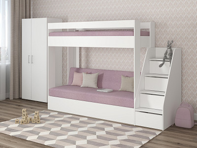 Кровать двухъярусная с диваном и лестницей-комодом "Лаворо" (Белый/Рогожка Savana Plus Dimrose (AT)) D_B3 - 1