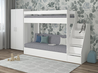 Кровать двухъярусная с диваном и лестницей-комодом "Лаворо" (Белый/Рогожка Savana Plus Ash (AT)) D_B3 - 1