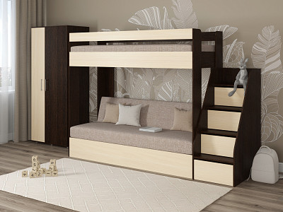 Кровать двухъярусная с диваном и лестницей-комодом "Лаворо" (Венге/Дуб выбеленный/Рогожка Savana Plus Mocca (AT)) D_B3 - 1