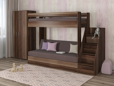 Кровать двухъярусная с диваном и лестницей-комодом "Лаворо" (Слива валлис/Велюр Vital Java (AT)) D_B3 - 1