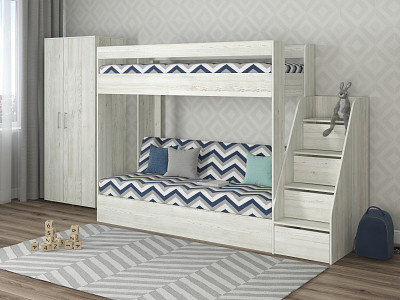 Кровать двухъярусная с диваном и лестницей-комодом "Лаворо" (Сосна винтерберг/Lokky Blue (AT)) D_B3 - 1