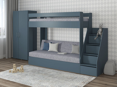 Кровать двухъярусная с диваном и лестницей-комодом "Лаворо" (Маренго/Рогожка Savana Plus Ash (AT)) D_B3 - 1