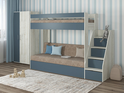 Кровать двухъярусная с диваном и лестницей-комодом "Лаворо" (Сосна винтерберг/Маренго/Велюр Dakota Cocoa (AT)) D_B3 - 1