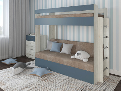 Кровать двухъярусная с диваном "Лаворо" (Сосна винтерберг/Маренго/Велюр Dakota Cocoa (AT)) D - 1