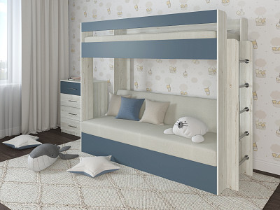 Кровать двухъярусная с диваном "Лаворо" (Сосна винтерберг/Маренго/Рогожка Bahama Plus Bone (AT)) D - 1