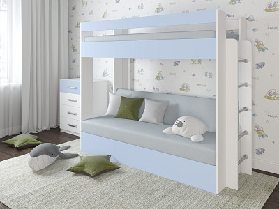 Кровать двухъярусная с диваном "Лаворо" (Белый/Серенити/Рогожка Bahama Plus Linen (AT)) D - 1