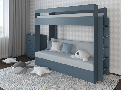 Кровать двухъярусная с диваном "Лаворо" (Маренго/Рогожка Bahama Plus Linen (AT)) D - 1