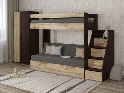 Кровать двухъярусная с диваном и лестницей-комодом "Лаворо" (Венге/Дуб вотан/Рогожка Savana Grey (AT)) D_B3 - 1