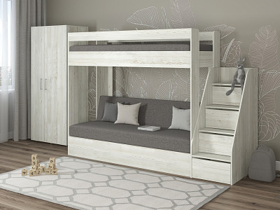 Кровать двухъярусная с диваном и лестницей-комодом "Лаворо" (Сосна винтерберг/Рогожка Savana Grey (AT)) D_B3 - 1