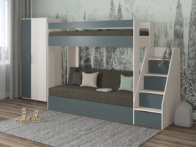 Кровать двухъярусная с диваном и лестницей-комодом "Лаворо" (Анкор белый/Базальт/Рогожка Savana Grey (AT)) D_B3 - 1