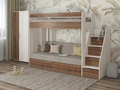 Кровать двухъярусная с диваном и лестницей-комодом "Лаворо" (Анкор белый/Дуб Аризона/Рогожка Savana Latte (AT)) D_B3 - 1