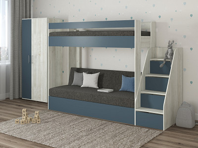 Кровать двухъярусная с диваном и лестницей-комодом "Лаворо" (Сосна винтерберг/Маренго/Рогожка Savana Grey (AT)) D_B3 - 1