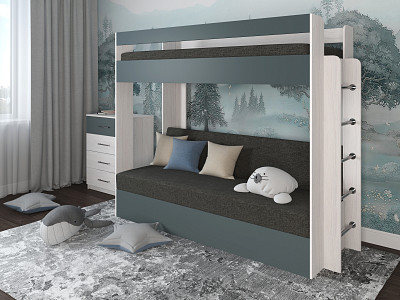 Кровать двухъярусная с диваном "Лаворо" (Анкор белый/Базальт/Рогожка Savana Grey (AT)) D - 1