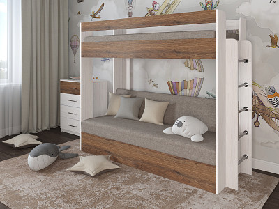 Кровать двухъярусная с диваном "Лаворо" (Анкор белый/Дуб Аризона/Рогожка Savana Latte (AT)) D - 1