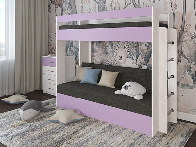 Кровать двухъярусная с диваном "Лаворо" (Анкор белый/Ирис/Рогожка Savana Grey (AT)) D - 1