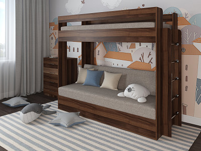 Кровать двухъярусная с диваном "Лаворо" (Слива валлис/Рогожка Savana Latte (AT)) D - 1