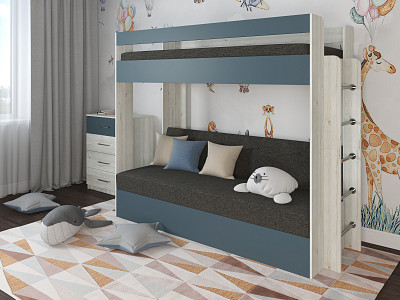 Кровать двухъярусная с диваном "Лаворо" (Сосна винтерберг/Маренго/Рогожка Savana Grey (AT)) D - 1