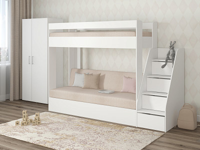 Кровать двухъярусная с диваном и лестницей-комодом "Лаворо" (Белый/Savana Plus Ivory) D_B3 - 1