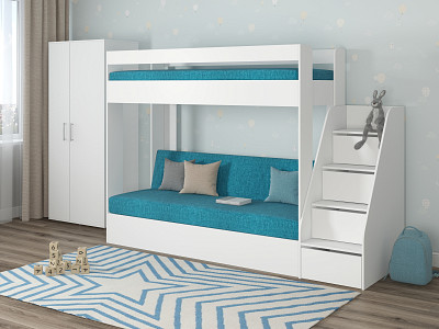 Кровать двухъярусная с диваном и лестницей-комодом "Лаворо" (Белый/Savana Plus Lagoon) D_B3 - 1