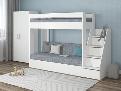 Кровать двухъярусная с диваном и лестницей-комодом "Лаворо" (Белый/Рогожка Savana Plus Mouse) D_B3 - 1